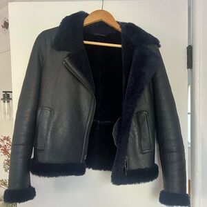 Reiss Sheepskin Navy Moto Jacket